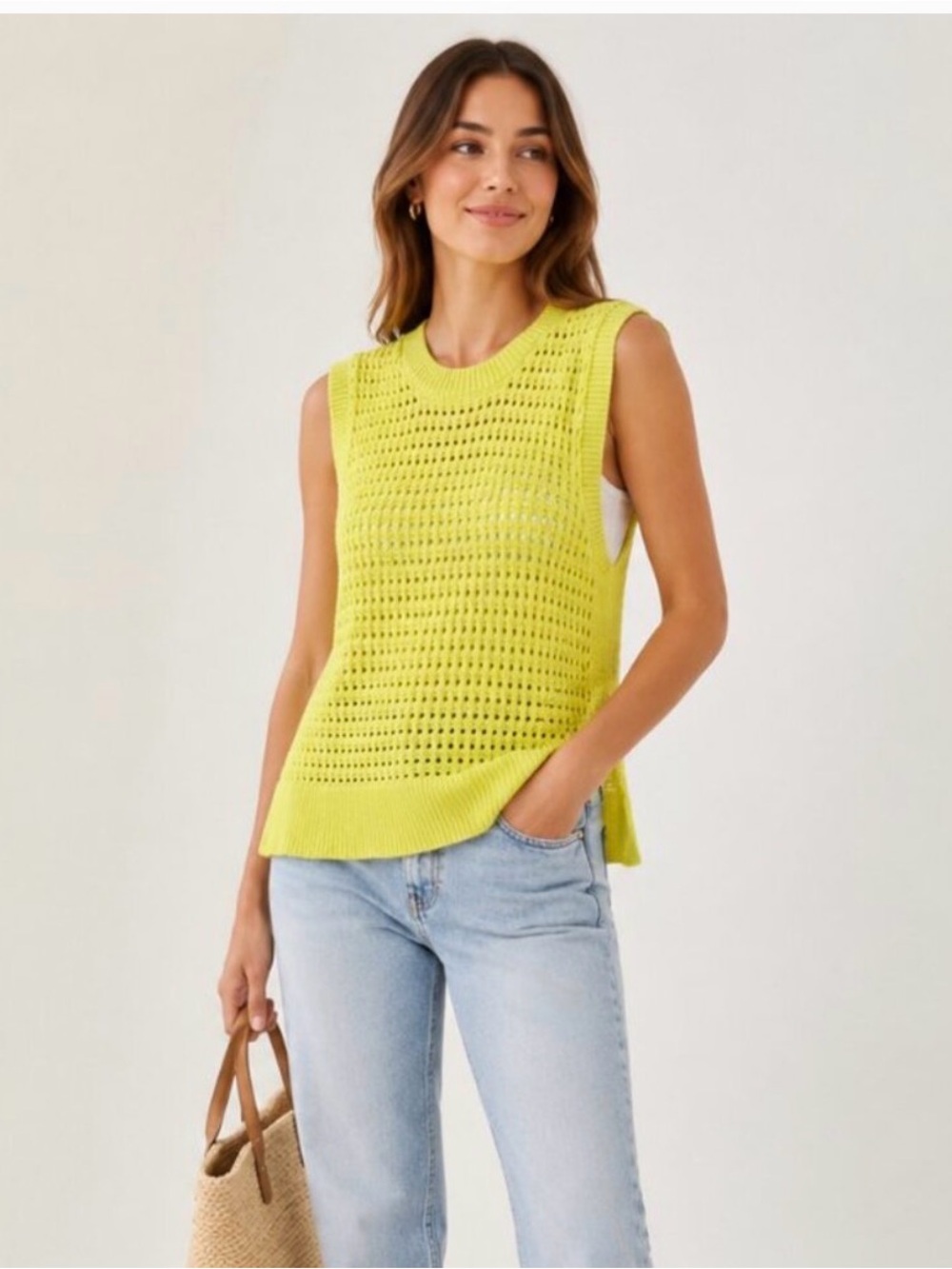 Varley Lime Crochet Side Slit Sleeveless Knit Vest / Tank Size S